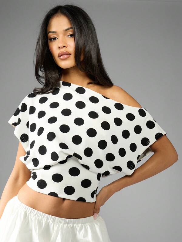 MISSGUIDED Polka Dot Off Shoulder Crop Top Blouse