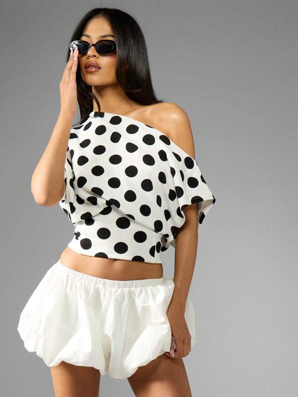 MISSGUIDED Polka Dot Off Shoulder Crop Top Blouse