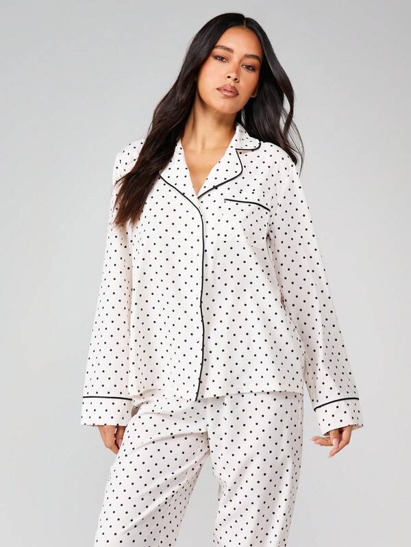 MISSGUIDED Polka Dot Pajama Set With Button Up Top