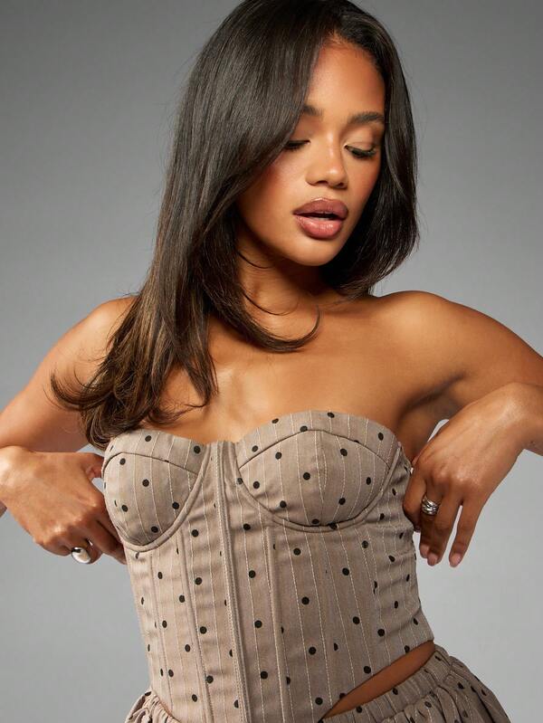MISSGUIDED Polka Dot Pinstripe Corset Top With Ruched Detail