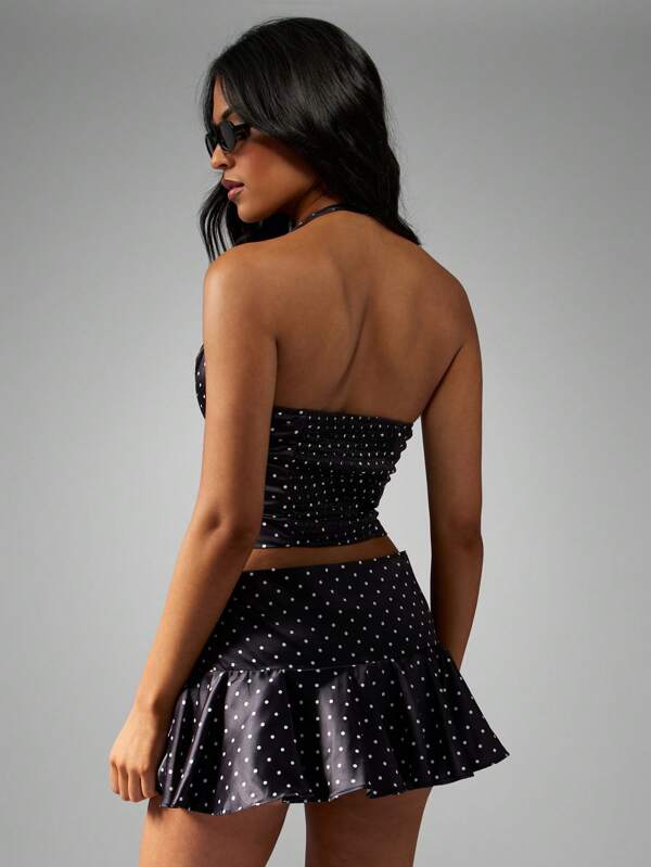 MISSGUIDED Polka Dot Satin Halter Crop Top Skirt Set
