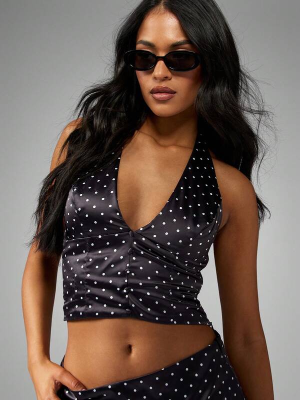 MISSGUIDED Polka Dot Satin Halter Crop Top Skirt Set