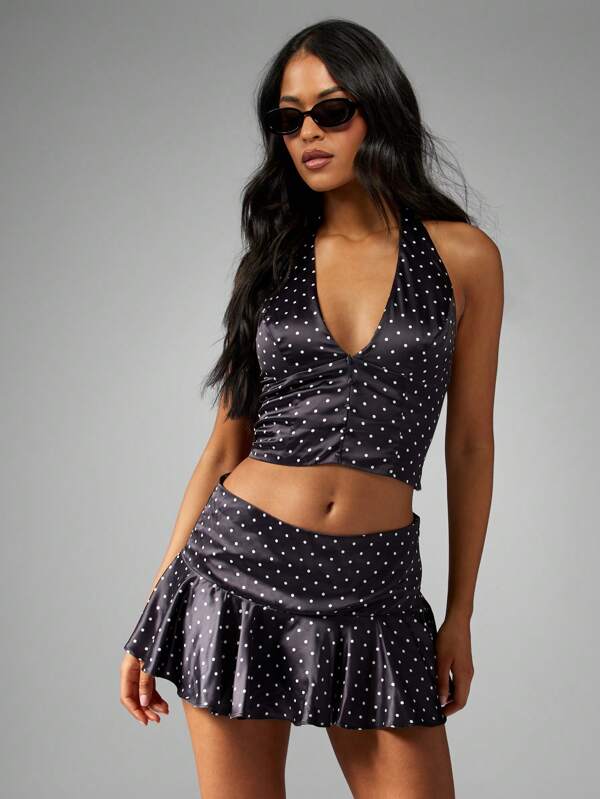 MISSGUIDED Polka Dot Satin Halter Crop Top Skirt Set