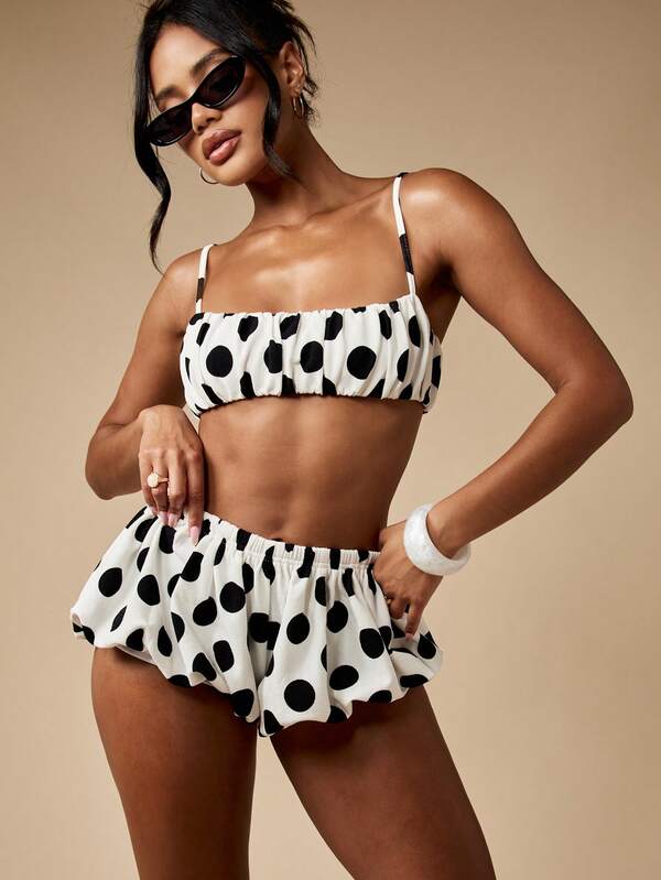 MISSGUIDED Polka Dot Two Piece Outfit With Bandeau Top And Bloomer Shorts