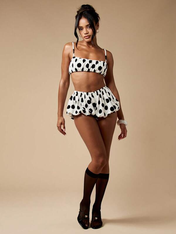 MISSGUIDED Polka Dot Two Piece Outfit With Bandeau Top And Bloomer Shorts