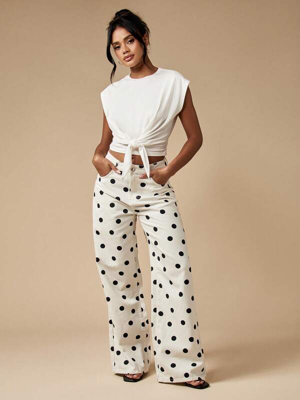 MISSGUIDED Polka Dot Wide Leg High Waisted Retro Style Jeans