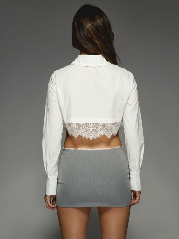 MISSGUIDED Poplin Shirt With Lace Hem Detail Crop Shirt Blouse