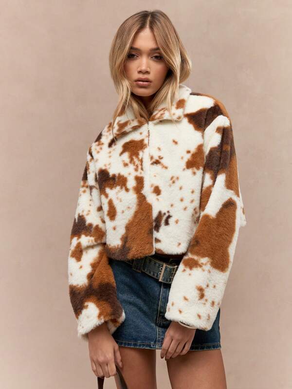 MISSGUIDED Premium Faux Fur Crop Coat With Western Cowgirl Print