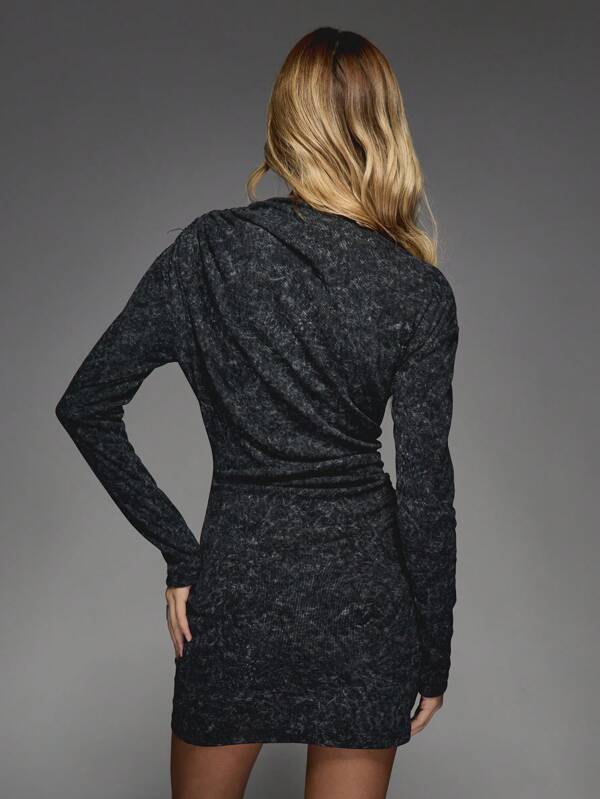 MISSGUIDED Printed Asymmetric Drape Long Sleeve Bodycon Mini Dress