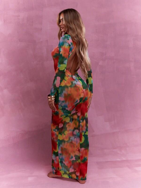 MISSGUIDED Printed Mesh Cut Out Back Long Sleeve Maxi Dress