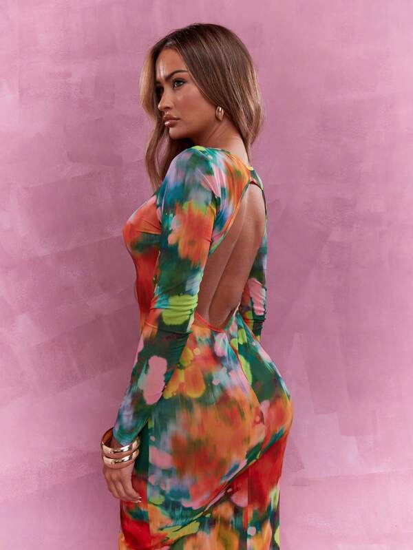 MISSGUIDED Printed Mesh Cut Out Back Long Sleeve Maxi Dress