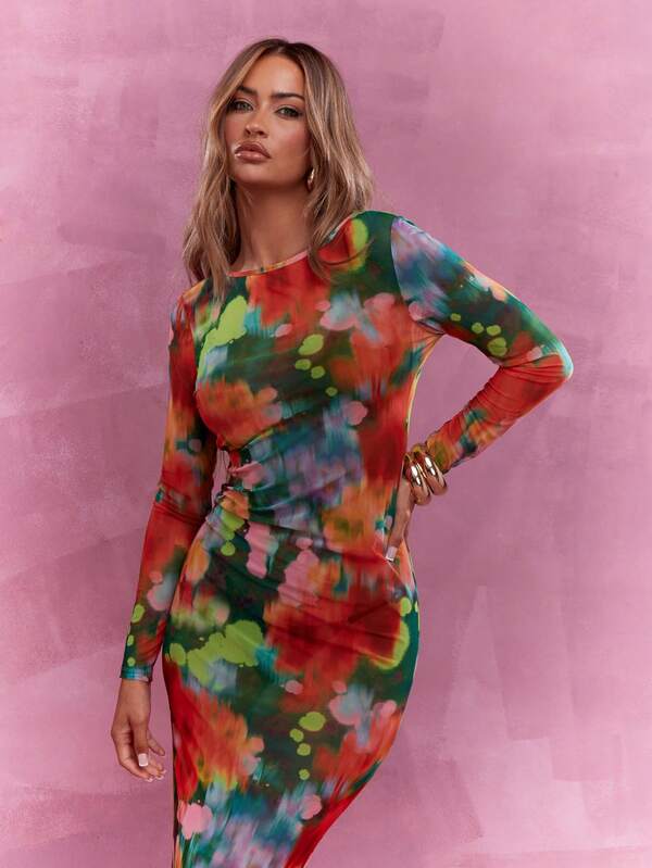 MISSGUIDED Printed Mesh Cut Out Back Long Sleeve Maxi Dress