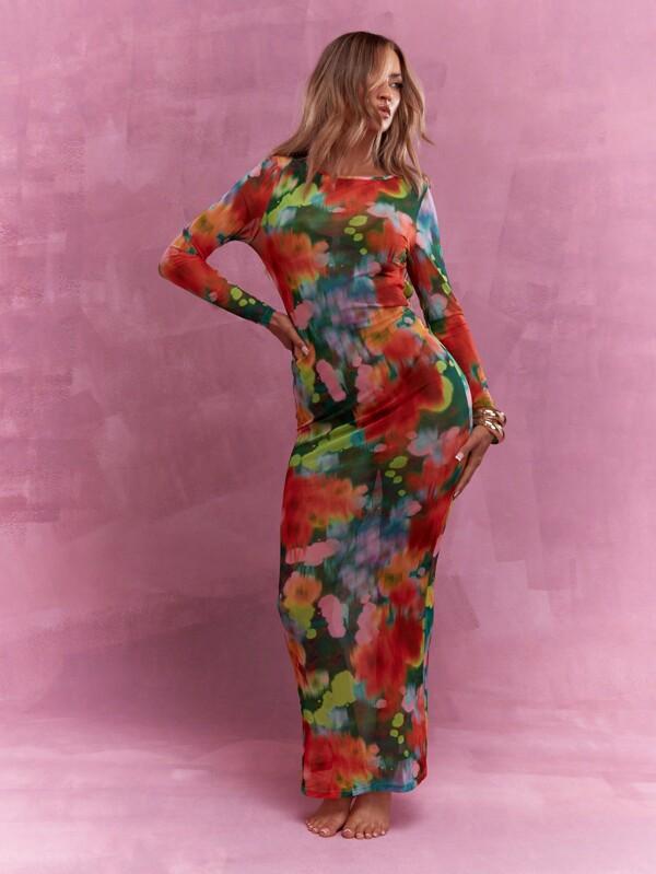 MISSGUIDED Printed Mesh Cut Out Back Long Sleeve Maxi Dress