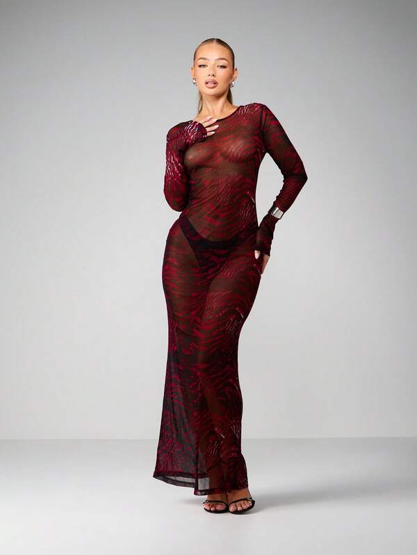 MISSGUIDED Printed Mesh Long Sleeve Maxi Dress