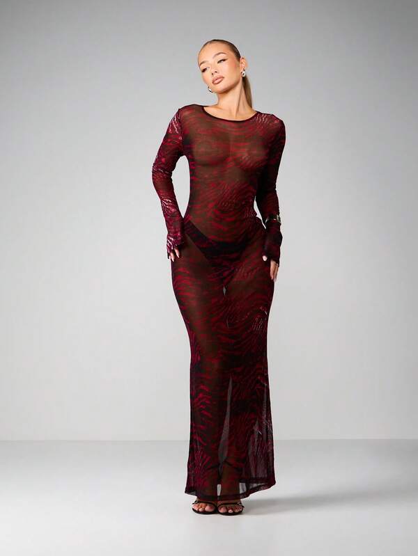 MISSGUIDED Printed Mesh Long Sleeve Maxi Dress