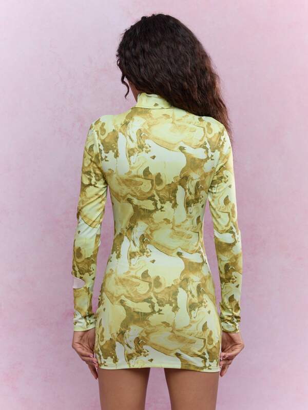 MISSGUIDED Printed Polo Neck Knot Detailed Waist Long Sleeves Bodycon Mini Dress