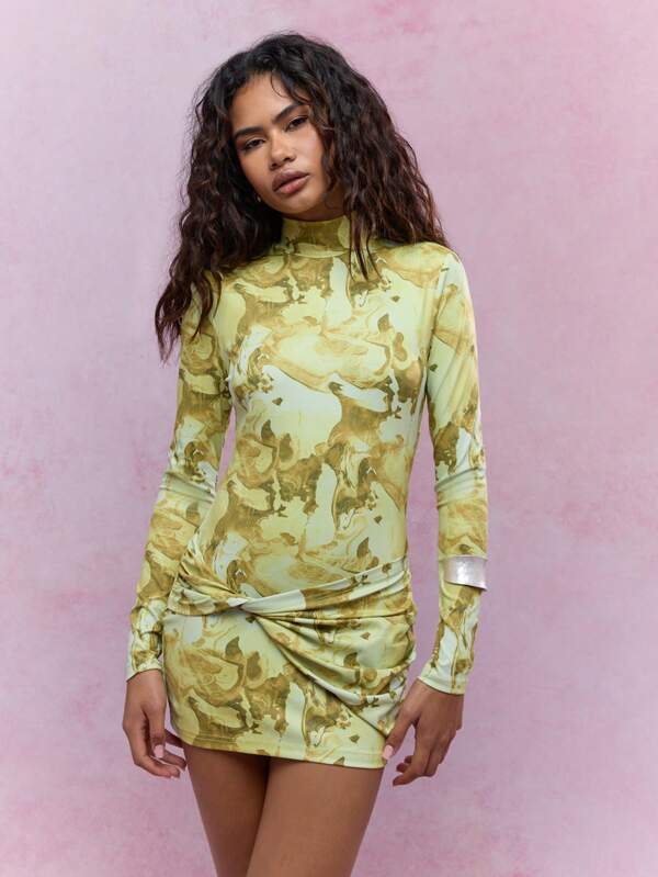 MISSGUIDED Printed Polo Neck Knot Detailed Waist Long Sleeves Bodycon Mini Dress