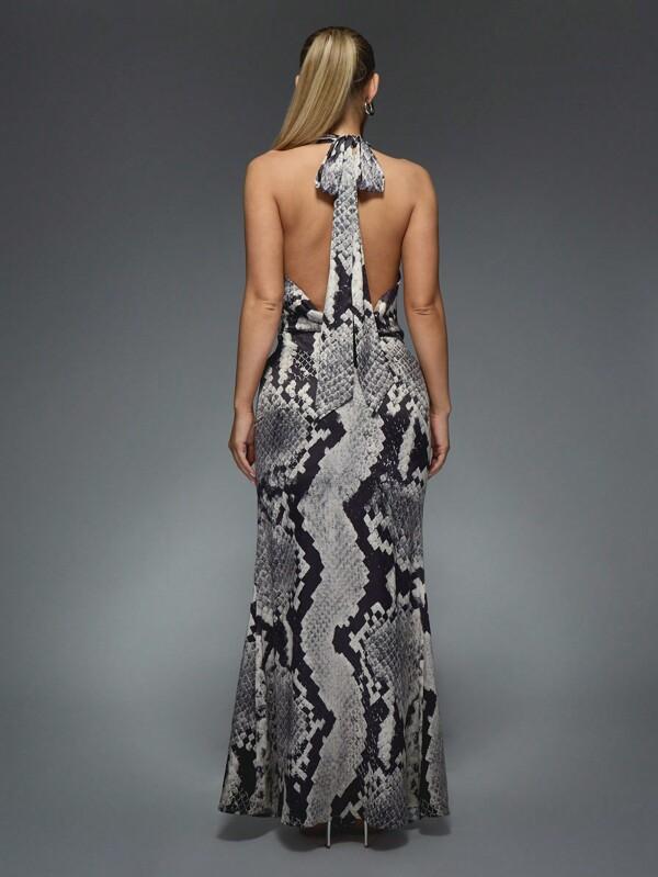 MISSGUIDED Printed Satin Deep Plunge Cowl Neck Fit And Flare Maxi Dress