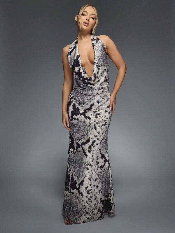 MISSGUIDED Printed Satin Deep Plunge Cowl Neck Fit And Flare Maxi Dress