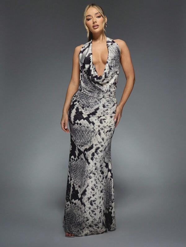 MISSGUIDED Printed Satin Deep Plunge Cowl Neck Fit And Flare Maxi Dress