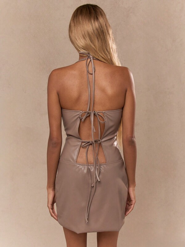 MISSGUIDED PU Halter Neck Tie Back Bodycon Mini Dress
