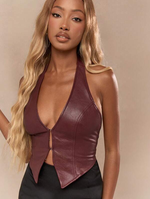 MISSGUIDED PU Plunge Halter Neck Open Back Tank Top