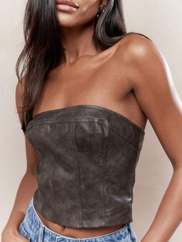 MISSGUIDED PU Zip Closure Back Corset Bandeau Crop Top