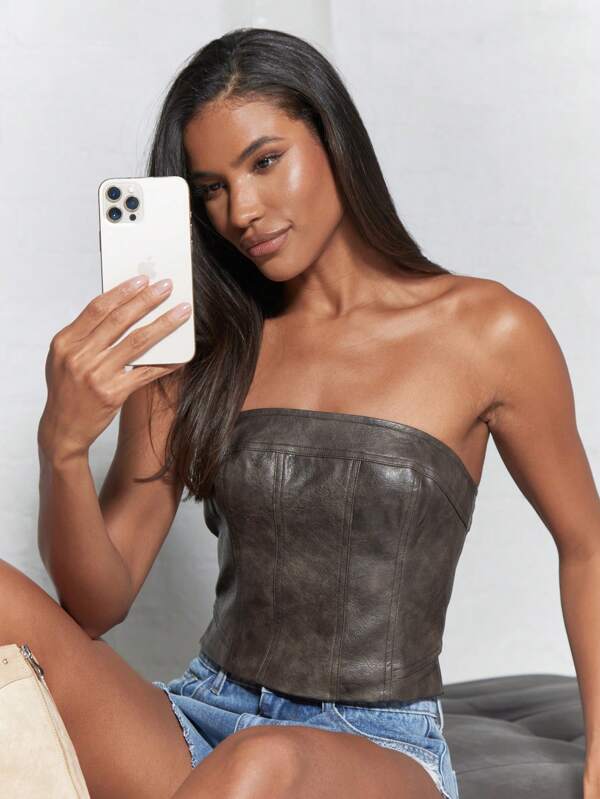 MISSGUIDED PU Zip Closure Back Corset Bandeau Crop Top