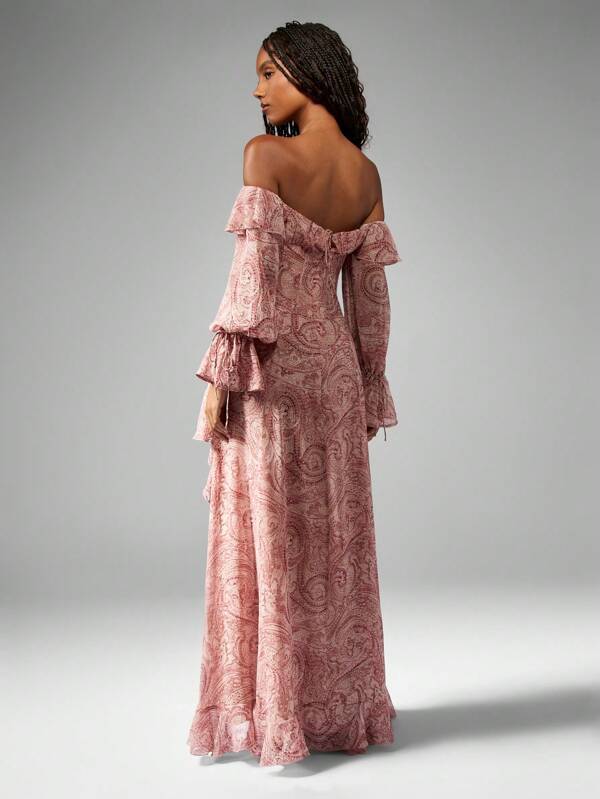 MISSGUIDED Puff Sleeve Chiffon Ruffle Detail Long Dress