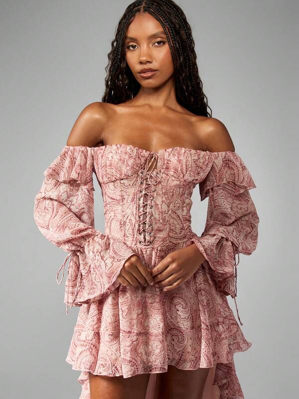 MISSGUIDED Puff Sleeve Chiffon Ruffle Detail Long Dress