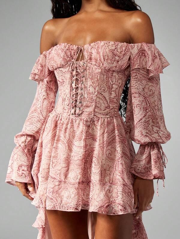 MISSGUIDED Puff Sleeve Chiffon Ruffle Detail Long Dress