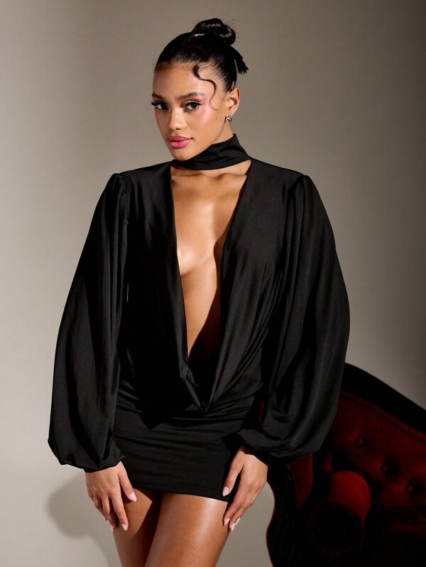MISSGUIDED Puff Sleeve Mini Dress With Choker And Cowl Neck