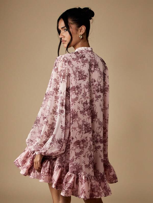 MISSGUIDED Puff Sleeve Mini Dress With Ruffle Hem And Front Ties