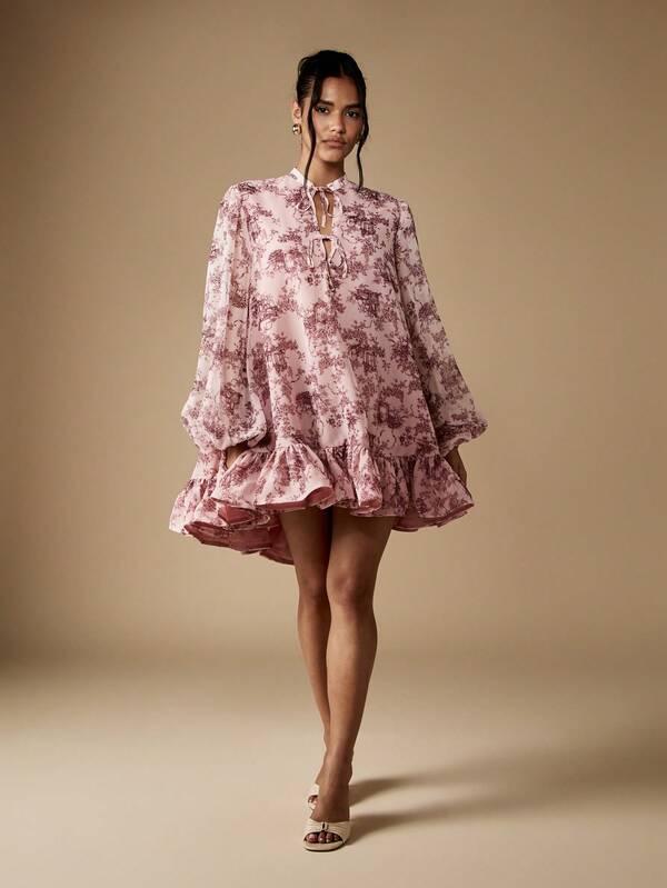 MISSGUIDED Puff Sleeve Mini Dress With Ruffle Hem And Front Ties