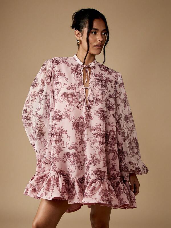 MISSGUIDED Puff Sleeve Mini Dress With Ruffle Hem And Front Ties