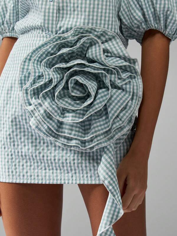 MISSGUIDED Puff Sleeve Mini Skirt Gingham Floral Two Piece Outfit