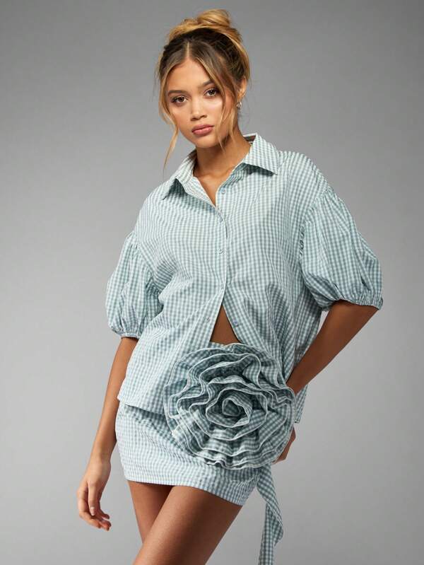 MISSGUIDED Puff Sleeve Mini Skirt Gingham Floral Two Piece Outfit