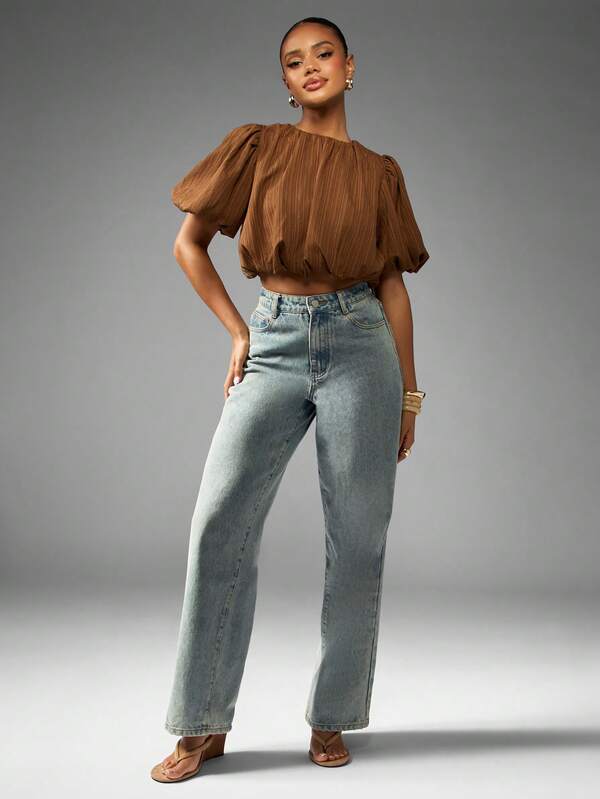 MISSGUIDED Puff Sleeve Pleated Crop Blouse With Gathered Neckline
