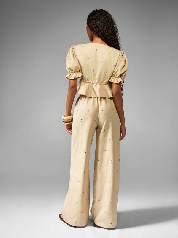 MISSGUIDED Puff Sleeve Ruffle Wide Leg Coordinates Set