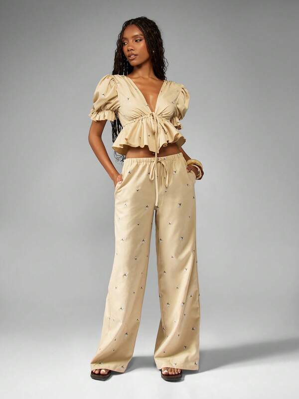MISSGUIDED Puff Sleeve Ruffle Wide Leg Coordinates Set