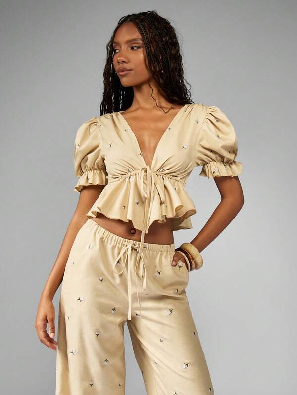 MISSGUIDED Puff Sleeve Ruffle Wide Leg Coordinates Set