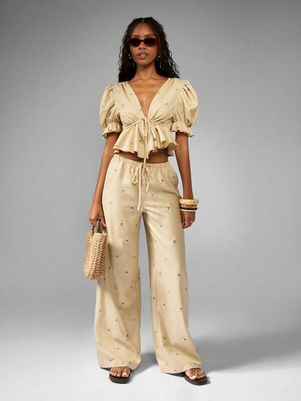 MISSGUIDED Puff Sleeve Ruffle Wide Leg Coordinates Set