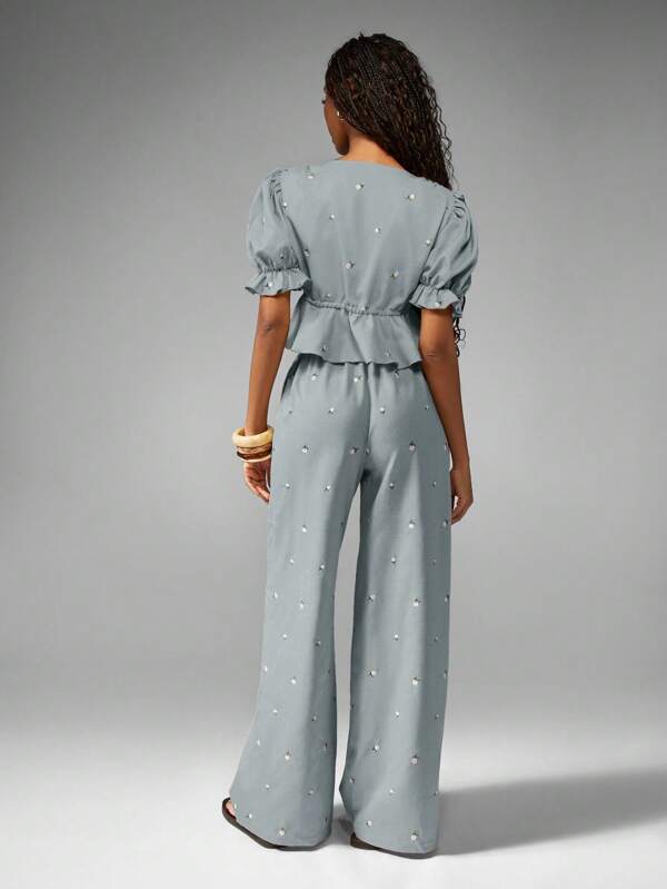 MISSGUIDED Puff Sleeve Ruffled Crop Top With Embroidered Wide Leg Pants