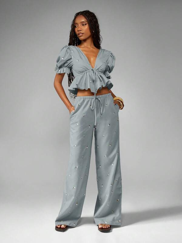 MISSGUIDED Puff Sleeve Ruffled Crop Top With Embroidered Wide Leg Pants