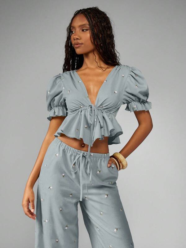 MISSGUIDED Puff Sleeve Ruffled Crop Top With Embroidered Wide Leg Pants