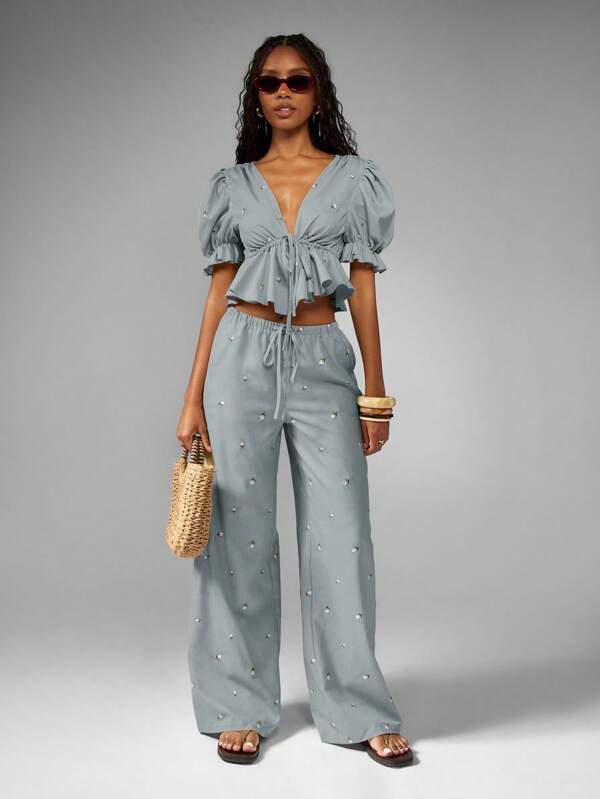 MISSGUIDED Puff Sleeve Ruffled Crop Top With Embroidered Wide Leg Pants