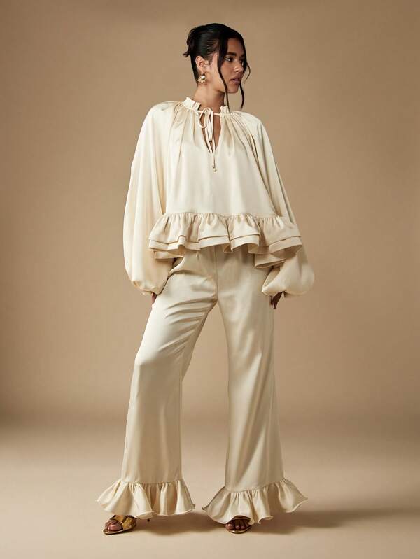 MISSGUIDED Puff Sleeve Top With Ruffle Hem Palazzo Pants