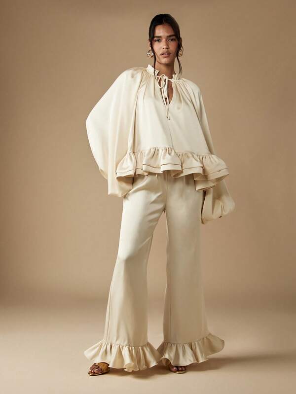 MISSGUIDED Puff Sleeve Top With Ruffle Hem Palazzo Pants