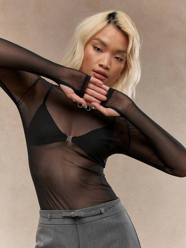 MISSGUIDED Punk Sheer Mesh Thumb Hole Long Sleeve Boat Neck Top