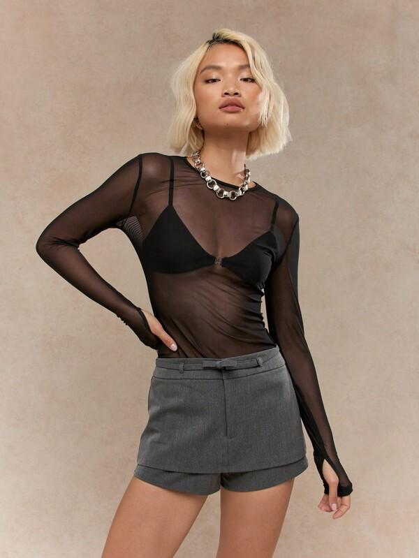 MISSGUIDED Punk Sheer Mesh Thumb Hole Long Sleeve Boat Neck Top